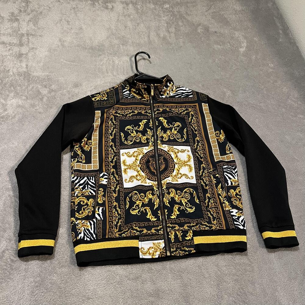 Victorious Track Jacket Womens Medium Black Gold Baroque Animal Print Full Zip